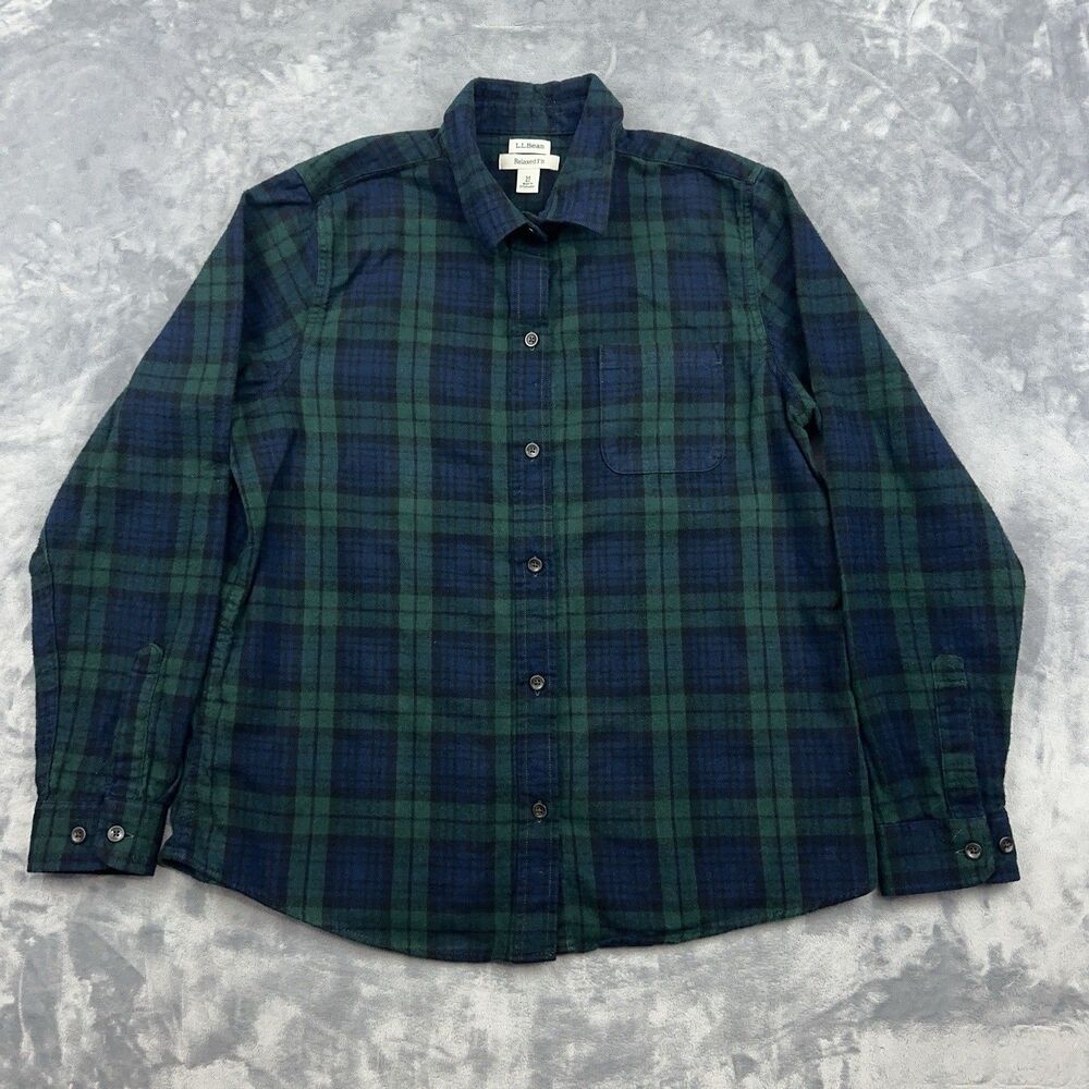 LL Bean Top Women’s Sz M Black Watch Plaid Green Blue Long Sleeve Flannel Shirt
